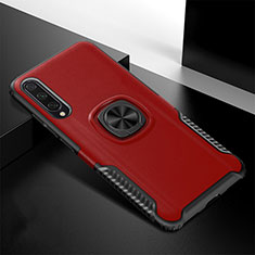 Silicone Matte Finish and Plastic Back Cover Case with Magnetic Finger Ring Stand R02 for Xiaomi Mi A3 Red