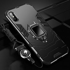 Silicone Matte Finish and Plastic Back Cover Case with Magnetic Finger Ring Stand R02 for Xiaomi Redmi 9i Black