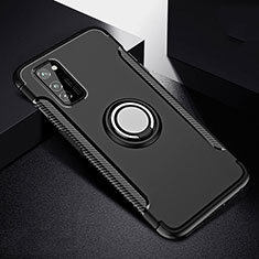 Silicone Matte Finish and Plastic Back Cover Case with Magnetic Finger Ring Stand R03 for Huawei Honor V30 5G Black