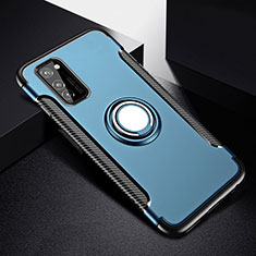 Silicone Matte Finish and Plastic Back Cover Case with Magnetic Finger Ring Stand R03 for Huawei Honor View 30 5G Blue