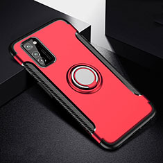 Silicone Matte Finish and Plastic Back Cover Case with Magnetic Finger Ring Stand R03 for Huawei Honor View 30 5G Red