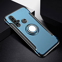 Silicone Matte Finish and Plastic Back Cover Case with Magnetic Finger Ring Stand R03 for Huawei Nova 5i Blue
