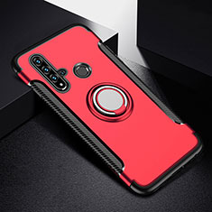 Silicone Matte Finish and Plastic Back Cover Case with Magnetic Finger Ring Stand R03 for Huawei Nova 5i Red