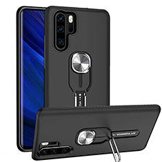 Silicone Matte Finish and Plastic Back Cover Case with Magnetic Finger Ring Stand R03 for Huawei P30 Pro Black