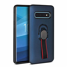 Silicone Matte Finish and Plastic Back Cover Case with Magnetic Finger Ring Stand R03 for Samsung Galaxy S10 5G Blue