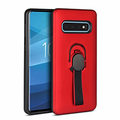 Silicone Matte Finish and Plastic Back Cover Case with Magnetic Finger Ring Stand R03 for Samsung Galaxy S10 5G Red