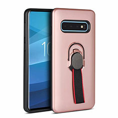 Silicone Matte Finish and Plastic Back Cover Case with Magnetic Finger Ring Stand R03 for Samsung Galaxy S10 5G Rose Gold