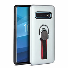 Silicone Matte Finish and Plastic Back Cover Case with Magnetic Finger Ring Stand R03 for Samsung Galaxy S10 5G White