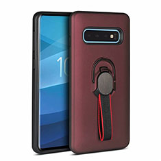 Silicone Matte Finish and Plastic Back Cover Case with Magnetic Finger Ring Stand R03 for Samsung Galaxy S10 Brown