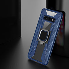 Silicone Matte Finish and Plastic Back Cover Case with Magnetic Finger Ring Stand R03 for Samsung Galaxy S10e Blue