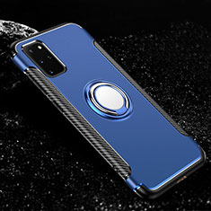 Silicone Matte Finish and Plastic Back Cover Case with Magnetic Finger Ring Stand R03 for Samsung Galaxy S20 Plus Blue