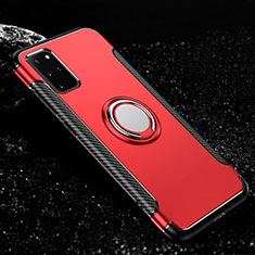 Silicone Matte Finish and Plastic Back Cover Case with Magnetic Finger Ring Stand R03 for Samsung Galaxy S20 Plus Red