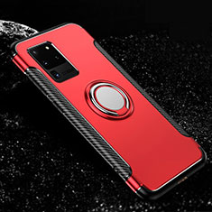 Silicone Matte Finish and Plastic Back Cover Case with Magnetic Finger Ring Stand R03 for Samsung Galaxy S20 Ultra Red
