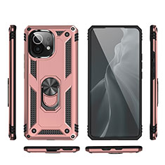 Silicone Matte Finish and Plastic Back Cover Case with Magnetic Finger Ring Stand R03 for Xiaomi Mi 11 5G Rose Gold