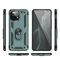Silicone Matte Finish and Plastic Back Cover Case with Magnetic Finger Ring Stand R03 for Xiaomi Mi 11 Lite 5G Green