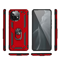 Silicone Matte Finish and Plastic Back Cover Case with Magnetic Finger Ring Stand R03 for Xiaomi Mi 11 Lite 5G Red