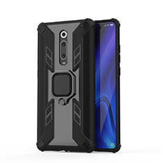 Silicone Matte Finish and Plastic Back Cover Case with Magnetic Finger Ring Stand R03 for Xiaomi Mi 9T Black