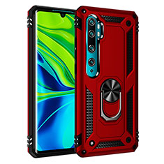 Silicone Matte Finish and Plastic Back Cover Case with Magnetic Finger Ring Stand R03 for Xiaomi Mi Note 10 Pro Red