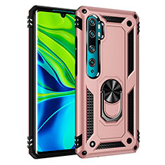 Silicone Matte Finish and Plastic Back Cover Case with Magnetic Finger Ring Stand R03 for Xiaomi Mi Note 10 Pro Rose Gold