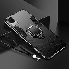 Silicone Matte Finish and Plastic Back Cover Case with Magnetic Finger Ring Stand R03 for Xiaomi Poco F4 5G Black