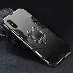 Silicone Matte Finish and Plastic Back Cover Case with Magnetic Finger Ring Stand R03 for Xiaomi Redmi 9A Black