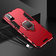 Silicone Matte Finish and Plastic Back Cover Case with Magnetic Finger Ring Stand R03 for Xiaomi Redmi Note 11 SE 5G Red