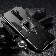 Silicone Matte Finish and Plastic Back Cover Case with Magnetic Finger Ring Stand R03 for Xiaomi Redmi Note 8 Pro Black