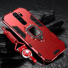 Silicone Matte Finish and Plastic Back Cover Case with Magnetic Finger Ring Stand R03 for Xiaomi Redmi Note 8 Pro Red