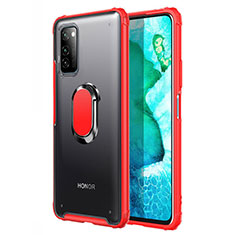 Silicone Matte Finish and Plastic Back Cover Case with Magnetic Finger Ring Stand R04 for Huawei Honor V30 5G Red