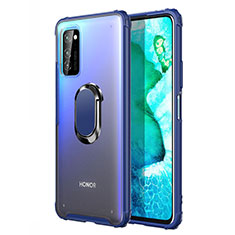Silicone Matte Finish and Plastic Back Cover Case with Magnetic Finger Ring Stand R04 for Huawei Honor V30 Pro 5G Blue