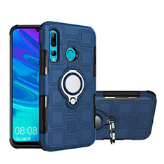 Silicone Matte Finish and Plastic Back Cover Case with Magnetic Finger Ring Stand R04 for Huawei P Smart+ Plus (2019) Blue