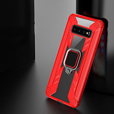 Silicone Matte Finish and Plastic Back Cover Case with Magnetic Finger Ring Stand R04 for Samsung Galaxy S10 5G Red