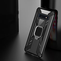Silicone Matte Finish and Plastic Back Cover Case with Magnetic Finger Ring Stand R04 for Samsung Galaxy S10 Black