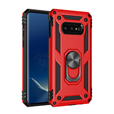 Silicone Matte Finish and Plastic Back Cover Case with Magnetic Finger Ring Stand R04 for Samsung Galaxy S10e Red