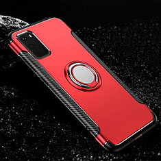 Silicone Matte Finish and Plastic Back Cover Case with Magnetic Finger Ring Stand R04 for Samsung Galaxy S20 Red