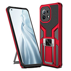 Silicone Matte Finish and Plastic Back Cover Case with Magnetic Finger Ring Stand R04 for Xiaomi Mi 11 Lite 4G Red