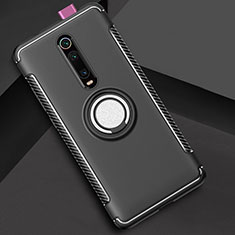 Silicone Matte Finish and Plastic Back Cover Case with Magnetic Finger Ring Stand R04 for Xiaomi Mi 9T Black