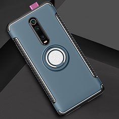 Silicone Matte Finish and Plastic Back Cover Case with Magnetic Finger Ring Stand R04 for Xiaomi Mi 9T Blue