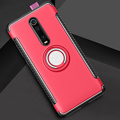 Silicone Matte Finish and Plastic Back Cover Case with Magnetic Finger Ring Stand R04 for Xiaomi Mi 9T Pro Red