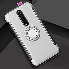 Silicone Matte Finish and Plastic Back Cover Case with Magnetic Finger Ring Stand R04 for Xiaomi Mi 9T Silver