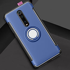 Silicone Matte Finish and Plastic Back Cover Case with Magnetic Finger Ring Stand R04 for Xiaomi Mi 9T Sky Blue