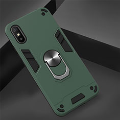 Silicone Matte Finish and Plastic Back Cover Case with Magnetic Finger Ring Stand R04 for Xiaomi Redmi 9A Midnight Green