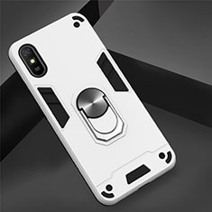 Silicone Matte Finish and Plastic Back Cover Case with Magnetic Finger Ring Stand R04 for Xiaomi Redmi 9A White
