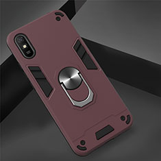Silicone Matte Finish and Plastic Back Cover Case with Magnetic Finger Ring Stand R04 for Xiaomi Redmi 9i Red Wine