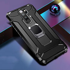 Silicone Matte Finish and Plastic Back Cover Case with Magnetic Finger Ring Stand R04 for Xiaomi Redmi Note 8 Pro Black