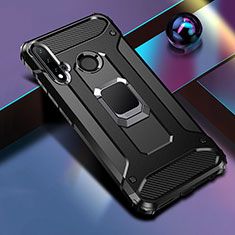 Silicone Matte Finish and Plastic Back Cover Case with Magnetic Finger Ring Stand R05 for Huawei Nova 5i Black