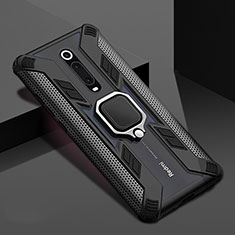 Silicone Matte Finish and Plastic Back Cover Case with Magnetic Finger Ring Stand R05 for Xiaomi Mi 9T Black