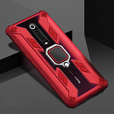 Silicone Matte Finish and Plastic Back Cover Case with Magnetic Finger Ring Stand R05 for Xiaomi Mi 9T Pro Red