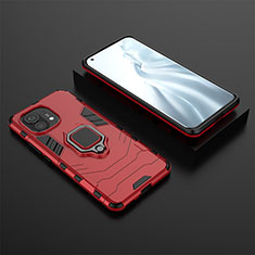 Silicone Matte Finish and Plastic Back Cover Case with Magnetic Finger Ring Stand R07 for Xiaomi Mi 11 Lite 5G NE Red