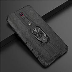 Silicone Matte Finish and Plastic Back Cover Case with Magnetic Finger Ring Stand R07 for Xiaomi Mi 9T Pro Black